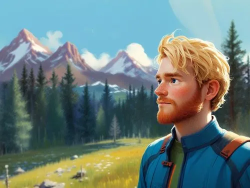 a 2d drawing, vector style of a 30 year old man,the face and shoulders of a young man with short blond hair wearing a blue shirt, near evergreens and mountains,jarvik,bunyan,kristoff,denali,android ga