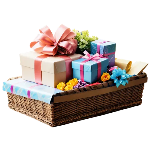 Wicker gift basket, overflowing with gifts, colorful ribbons, shiny wrapping paper, decorated with artificial flowers, placed on a rustic wooden table, morning sunlight, warm color tone, soft focus, 3