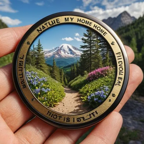 a badge saying "NATURE IS MY HOME" ,july pass,pcgs,mount rainier,pct,mt rainier,commemoratives,top mount horn,obverse,jubilee medal,non fungible token,round frame,mintage,magnify glass,sewing button,m