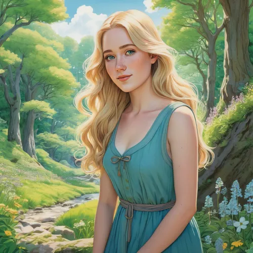 elsa,fantasy portrait,rapunzel,girl in the garden,girl in flowers,fae,cinderella,the blonde in the river,springtime background,girl in a long dress,della,girl with tree,portrait background,flora,spring background,digital painting,romantic portrait,eufiliya,a girl in a dress,girl portrait,Illustration,American Style,American Style 11