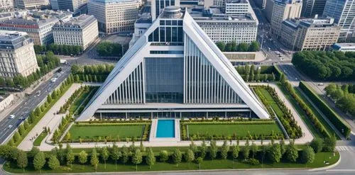 ADD VDERTICAL GARDEN 
,an aerial view of a triangle shaped building with a pool at the center,koolhaas,isozaki,aoyama,pangyo,marunouchi,palais de chaillot,Photography,General,Realistic