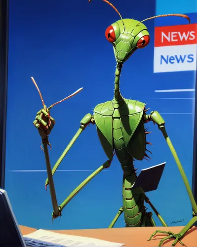 newsreader,newscaster,northern praying mantis (martial art),praying mantis,news media,news about virus,mantis,jiminy cricket,mantidae,tech news,newsgroup,walking stick insect,grasshopper,tv reporter,journalist,reading newspapaer,cricket-like insect,locust,alien invasion,locusts,Conceptual Art,Fantasy,Fantasy 19