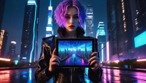 Cyberpunk futuristic cityscape, neon lights reflecting off wet asphalt, AI generated humanoid robot, standing with confident posture, blue circuitry hair, glowing purple eyes, pale skin, red lips, bla