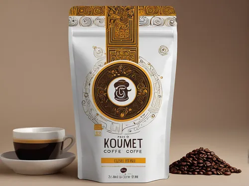 Develop a visually appealing packaging for a gourmet coffee brand.,kopi luwak,kona coffee,jamaican blue mountain coffee,kopi,kopi tubruk,roasted coffee,roasted coffee beans,ground coffee,single-origin