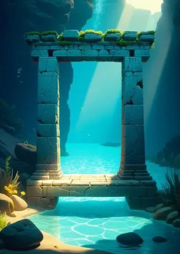 2D concept art, ancient Achaemenid magical portal made with stones, flat lighting, highly detailed,a stone arch in a blue water scene with water and fish,underwater oasis,artemis temple,ancient city,a