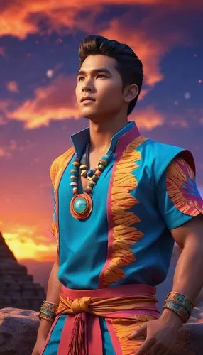 portrait shot man vivid quirky high fashion lightning portrait illusory landscape firey sunset range of colors standing on the edge of ancient ruins at earthrise starry skies before heaven astral phot