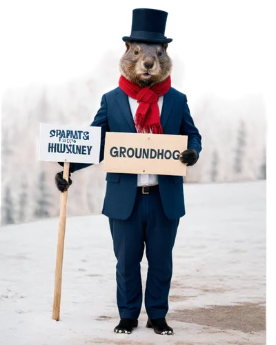 Groundhog Day, Punxsutawney Phil, rodent, festive atmosphere, winter setting, snowy ground, evergreen trees, wooden stage, top hat, scarf, holding sign, shadow, soft focus, natural light, panoramic vi