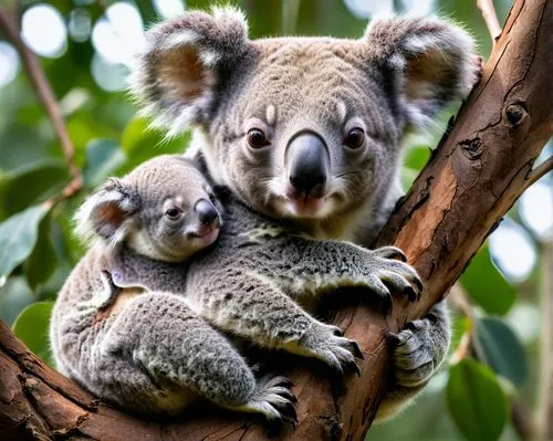 a koala with a cub rests on the branch of a large tree,koalas,sleeping koala,koala,marsupials,cute koala,australia zoo,koala bear,eucalypts,lemurs,eucalyptus,lorises,mother with children,mother and ch