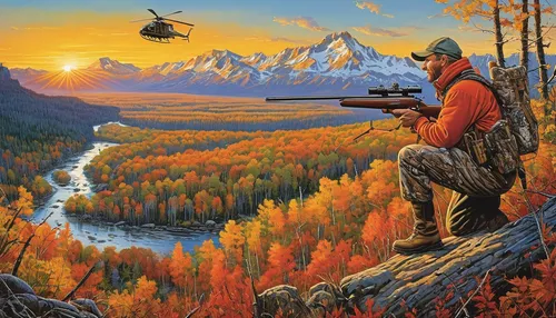 Capture the excitement of a successful big game hunt in vivid detail.,hunting scene,autumn mountains,fall landscape,big-game fishing,animals hunting,autumn theme,painting technique,fly fishing,autumn 