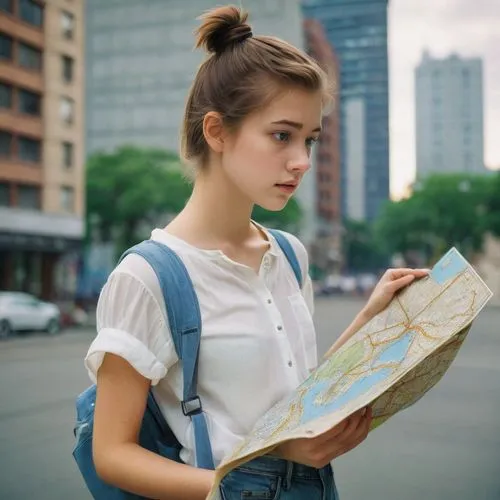 Girl, cute, 18yo, worried expression, brown hair, ponytail, blue eyes, natural makeup, white blouse, denim shorts, sneakers, holding a map, standing, urban streets, city buildings, cloudy day, shallow