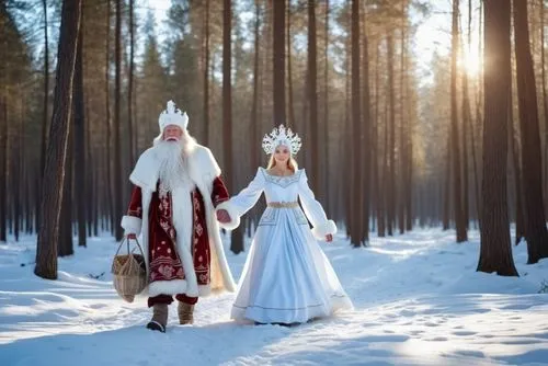 дедушка мороз гуляет со снегурочкой в лесу ,two people dressed in white and red standing in the snow,santa claus with reindeer,santa and girl,moroz,russian traditions,saint nicholas' day,suit of the s