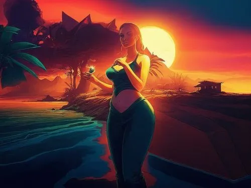 sunset at africa,a woman in an open space drinking from a cup,wildstar,dusk background,fantasy picture,asheron,girl on the dune,sundancer,Illustration,Realistic Fantasy,Realistic Fantasy 25