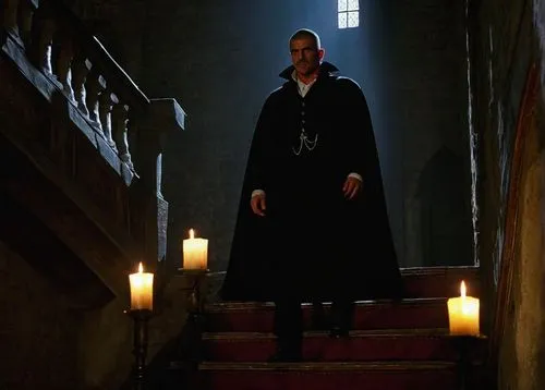 Dominic Purcell, Dracula, male, solo, (40yo), sharp facial features, piercing eyes, pale skin, dark hair, black cape, Victorian-era suit, blood-red vest, white shirt, black trousers, leather boots, fa