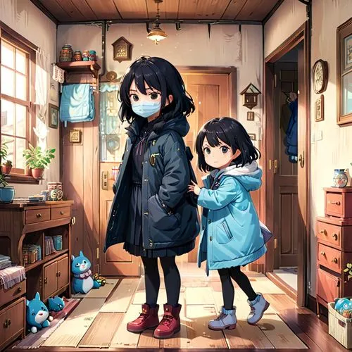 winter clothing,winter clothes,little boy and girl,cold room,boy and girl,the little girl's room,Anime,Anime,Traditional