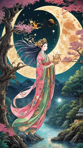 oriental painting,mid-autumn festival,rem in arabian nights,oriental princess,taiwanese opera,chinese art,japanese art,peking opera,the night of kupala,kitsune,mukimono,the sleeping rose,yi sun sin,geisha,hanbok,kimono fabric,geisha girl,violinist violinist of the moon,fairy tale character,bamboo flute,Illustration,Realistic Fantasy,Realistic Fantasy 02