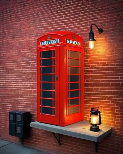 复古电话亭旧报纸红砖墙煤油灯,a red phone booth on display beside a lantern,phone booth,payphone,pay phone,payphones,telephones,telephone,Illustration,Retro,Retro 07