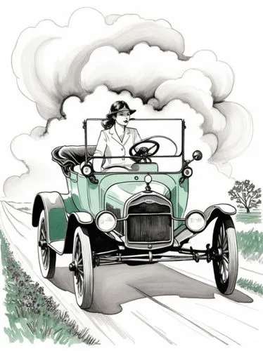 Pen drawing: Mrs. Clara Jane Ford is at the center of the action. She is driving a Ford (Model T) through a Texan landscape, its dark green paint reflecting the bright sunlight. The intricate details 