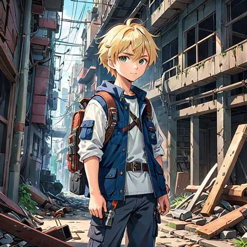 darjeeling,meteora,gunkanjima,violet evergarden,everett,scrap yard,anime japanese clothing,blue-collar worker,anime boy,scrapyard,refinery,kid hero,anime cartoon,honolulu,junkyard,nikko,blue-collar,stylish boy,post apocalyptic,construction worker,Anime,Anime,Traditional