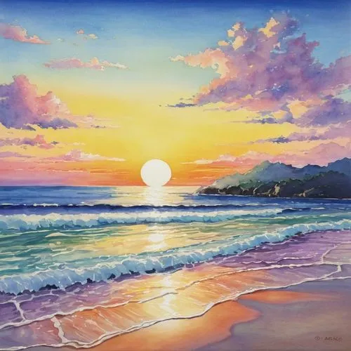 coast sunset,beach landscape,sunset beach,sunrise beach,painting technique,oil painting,oil painting on canvas,easter sunrise,watercolor background,seascape,sun and sea,sunset,watercolor painting,halo-halo,kauai,watercolor,beach scenery,oil on canvas,soft pastel,sea landscape,Illustration,Japanese style,Japanese Style 17