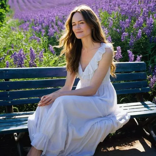 full body view:(20 yo Catherine McCormack) barefoot, sits cross-legged on a bench, her head slightly tilted as she takes a deep breath of fresh air. Her skin is a deep shade of purple, and she wears a