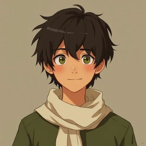 This image is a digital illustration of a character. It portrays a young man with shaggy, medium-length dark brown hair and olive green eyes. He has a calm, slight smile on his face. The character is 