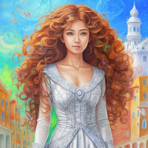 drawing pencil, color realistic fantasy,,merida,rapunzel,fantasy portrait,fantasy art,fairy tale character,fantasy picture,celtic woman,cinderella,romantic portrait,celtic queen,venetia,fantasy woman,