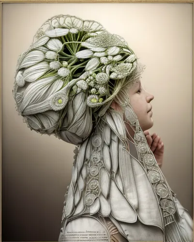 white cabbage,girl in a wreath,beautiful bonnet,victorian lady,chinese cabbage,broccoflower,the hat of the woman,cabbage leaves,woman's hat,flower hat,lily of the field,brassica,girl with bread-and-butter,savoy cabbage,fennel,chinese cabbage young,the hat-female,headdress,wild cabbage,lily of the valley,Realistic,Flower,Queen Anne's Lace