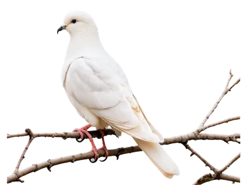 White dove, pure white feathers, soft gentle eyes, small beak, delicate legs, perched on branch, morning sunlight, warm color tone, shallow depth of field, cinematic lighting, 3/4 composition, close-u