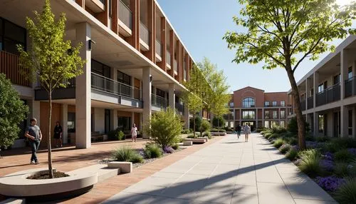 Urban school building, modern architecture, exposed concrete walls, polished wooden floors, metallic railings, vibrant greenery, educational signage, natural stone walkways, brick facades, large windo