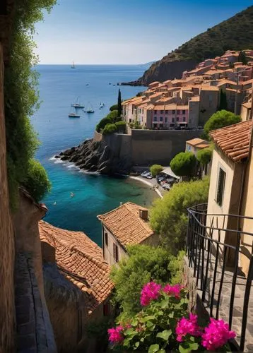 Roofs of Collioure, French Mediterranean coastal town, old stone rooftops, terracotta tiles, curved lines, rustic, weathered, wooden shutters, ornate ironwork, flower-filled balconies, narrow cobblest