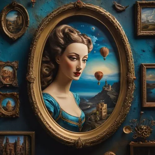 Salvatore Dali style, surreal oil painting in a frame on the wall of a museum showcasing a surreal woman, poised to enchant the viewer with extensions of surreal objects in the sky,  woman´s appearenc