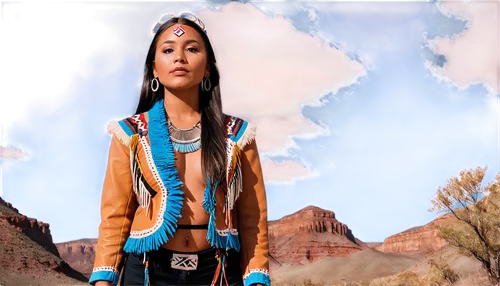 Native American woman, traditional headdress, feathered accessories, dark skin, almond-shaped eyes, nose ring, braided long black hair, colorful tribal clothing, fringed leather jacket, beaded necklac