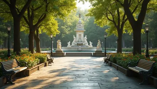 Classicist park, grand fountain, marble statues, vibrant flower beds, lush greenery, walking paths, ornate benches, vintage lamps, iron gates, tranquil atmosphere, warm sunlight filtering through tree