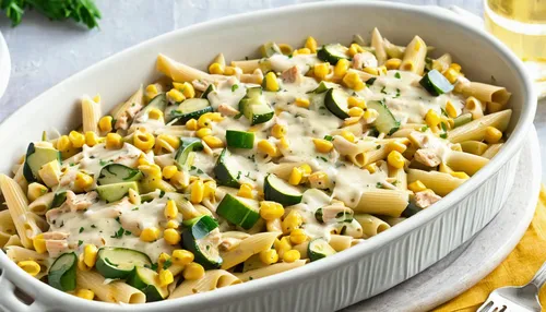 This healthy Chicken Penne Casserole with Corn and Zucchini is oozing with melted cheese and a smooth, creamy sauce! It's the perfect clean eating dinner to showcase some of summer's best produce!,pas