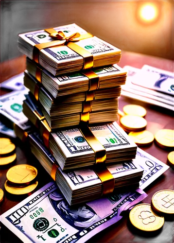 Stacks of money, bundles of cash, US dollars, 100-dollar bills, neatly arranged, gold coins on top, luxurious background, detailed textures, reflective surface, soft focus, shallow depth of field, cin