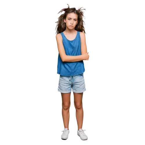 girl, teenager, outdoor, summer, allergic reaction, red swollen skin, mosquito bite marks, scratching arm, worried expression, messy brown hair, tank top, denim shorts, sneakers, standing, 3/4 composi