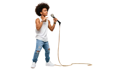 Young rapper, Afro hair, gold chain, white tank top, ripped jeans, sneakers, microphone in hand, confident posture, urban background, warm lighting, shallow depth of field, 3/4 composition, dynamic mo