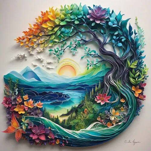 Imagine a poetic quote about the beauty of nature and serenity.,colorful tree of life,mother earth,mother nature,flourishing tree,watercolor tree,nature art,tree of life,painted tree,art painting,an i