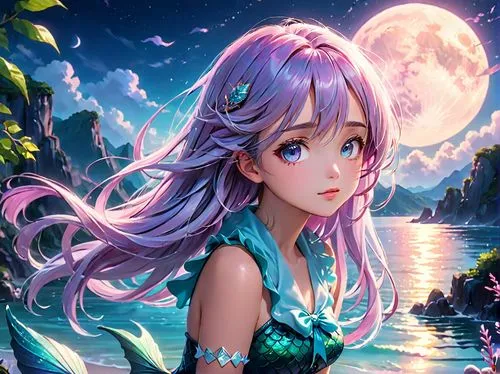 High quality, realistic skin tones, world view, high definition, 8K, soft colorful pastel colors, high definition, Ultra HD, charming, fantastic moon, very beautiful young gorgeous mermaid girl, mythi