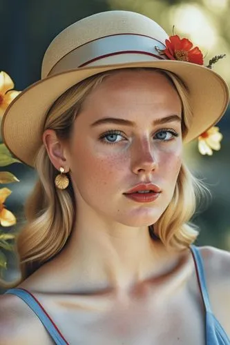 Close-up portrait of a young woman with striking features, displaying a thoughtful or introspective expression. Her face is highlighted by bright blue eyes, red lipstick, and delicate freckles dusting