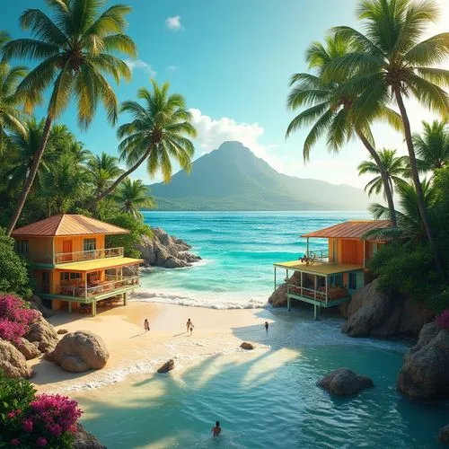 tropical beach,tropical island,tahiti,caribbean beach,dream beach,caribbean,tropical sea,the caribbean,seaside resort,tropics,bora bora,beach landscape,tropical house,paradise beach,idyllic,ocean paradise,mountain beach,carribean,margaritaville,seychellois,Photography,General,Realistic