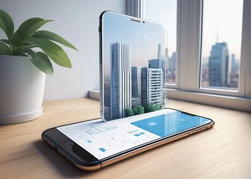 Modern architectural design app, free, smartphone, Apple iPhone, white background, minimalistic UI, blue and white color scheme, 3D modeling, rendering, intuitive interface, drag-and-drop tools, vario