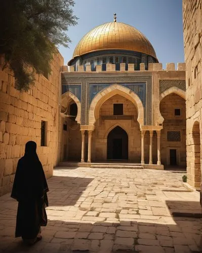 Ancient Palestinian city, stone buildings, intricate arches, ornate Islamic patterns, domed mosques, narrow cobblestone streets, vibrant market stalls, colorful textiles, traditional clothing, hijabs,