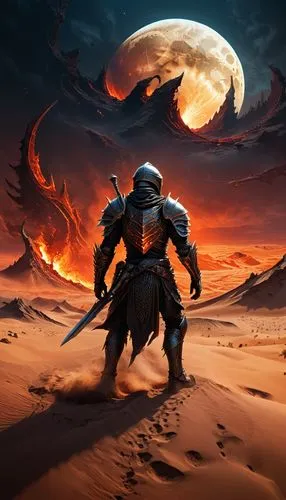 BLOODBORN art, ELDEN RING Style, dungeon and dragons style, waters are rising as the moon moves out of orbit and approaches the apocalyptic Earth  ruins to impact. desert scene  alien rocks large dune