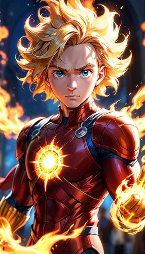 fantastic four firestorm,a character with blonde hair and fire around his torso,captain marvel,toshinori,fire background,firestorm,burning hair,aoyama,flame spirit,flamebird,spark fire,spark,lina,koic