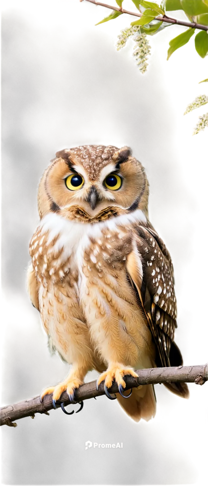 Owl, nocturnal bird, solo, white feathers, big round eyes, sharp beak, soft facial features, perched, branches, morning mist, soft sunlight filtering through leaves, 3/4 composition, shallow depth of 