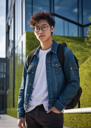 Master of Architecture student, 3 years, young adult, male, bespectacled, short hair, casual wear, denim jacket, white shirt, dark blue jeans, sneakers, backpack, pens and pencils in hand, standing, u