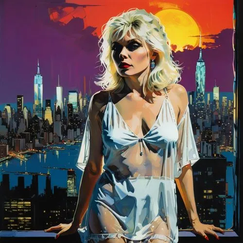 Debbie Harry of Blondie in 1977 standing in a skimpy short white see through nightdress looking out of the window with the neon lit new york skyline behind her at sunset
,struzan,connie stevens - fema