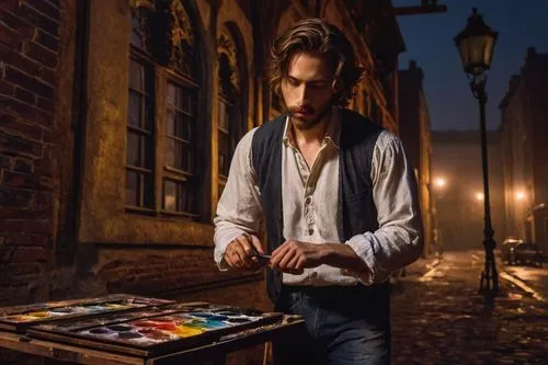 painter,waterdeep,depp,watchmaker,italian painter,jace,street artist,rumplestiltskin,meticulous painting,guybrush,haberdashery,chalk drawing,westwick,colorists,arno,numismatist,street musician,the magician,music chest,paintbox,Art,Classical Oil Painting,Classical Oil Painting 24