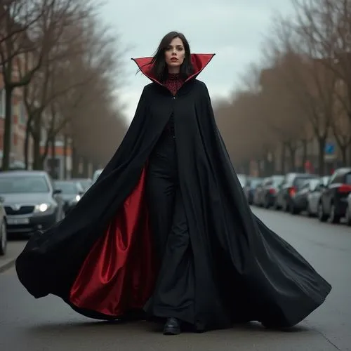 An elegant confident looking gothic woman wrapped in a huge, floor-length flowing black satin vampire cape with a red satin interior and a popped up collar, walks through a windy street, wide angle. f